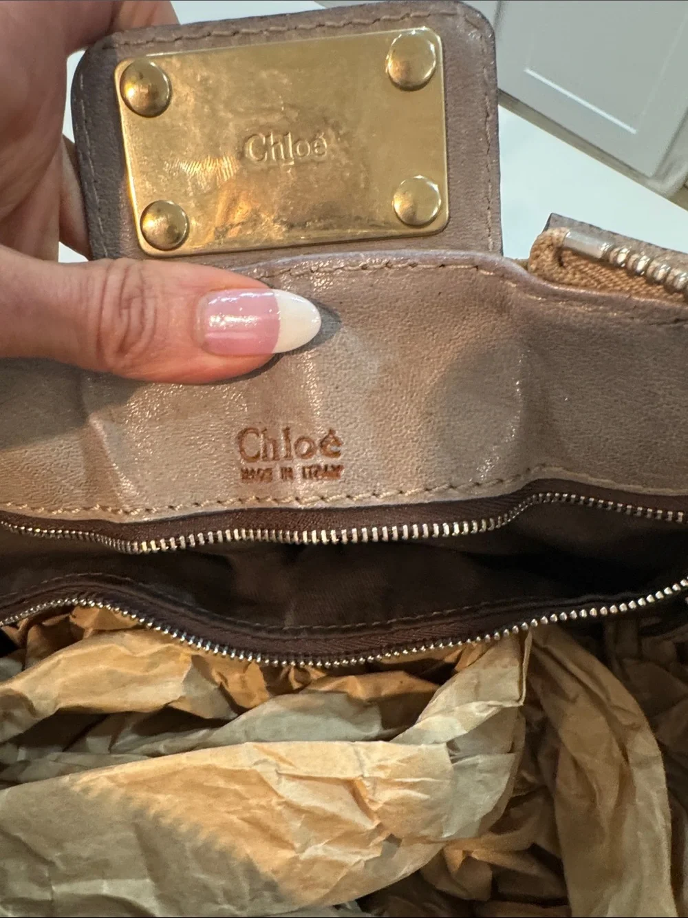 Chloe Olive and Taupe Patent Leather Satchel